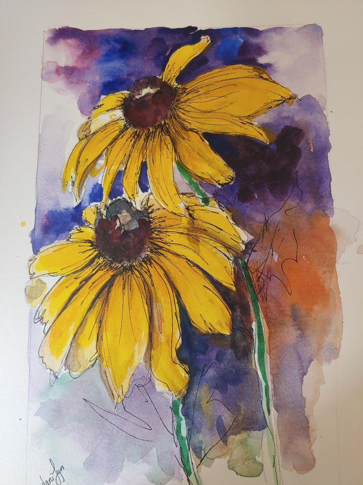 A watercolor and pen painting of two bright yellow flowers with green stems . The background is a brilliant wash of purples and oranges.