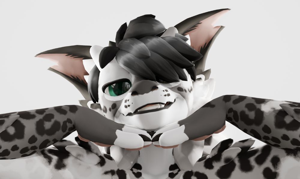 A 3D render of a snow leopard-themed chlorokit from the shoulders up. His hands are tucked demurely under his chin, and he smirks down at the viewer.
