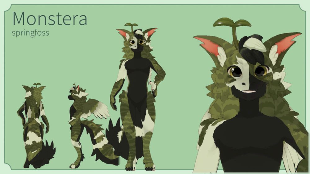 A turnaround display of a VRChat texture on the chlorokit model. The character is striped and green, with a dark underside and white piebald patches.