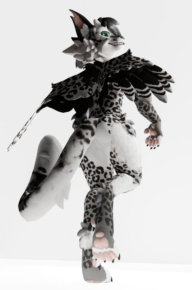 A 3d render of a snow leopard inspired chlorokit from behind, smirking over his shoulder at the camera, and bathed in bright white light from below and behind. 