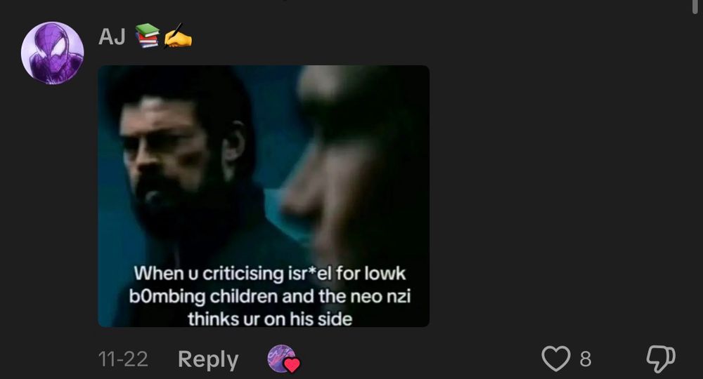 comment on tiktok that is posting a meme image from the boys that says "when u criticising isr*el for lowk b0mbing children and the neo nzi thinks ur on his side"