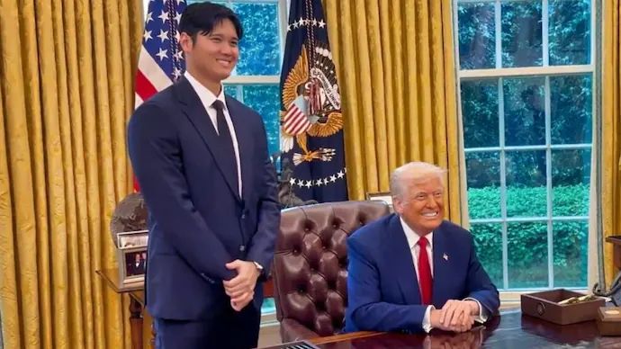 Shohei Ohtani poses for a special photo op with Trump when the Dodgers celebrated their 2024 world series win at the white house earlier this year.
