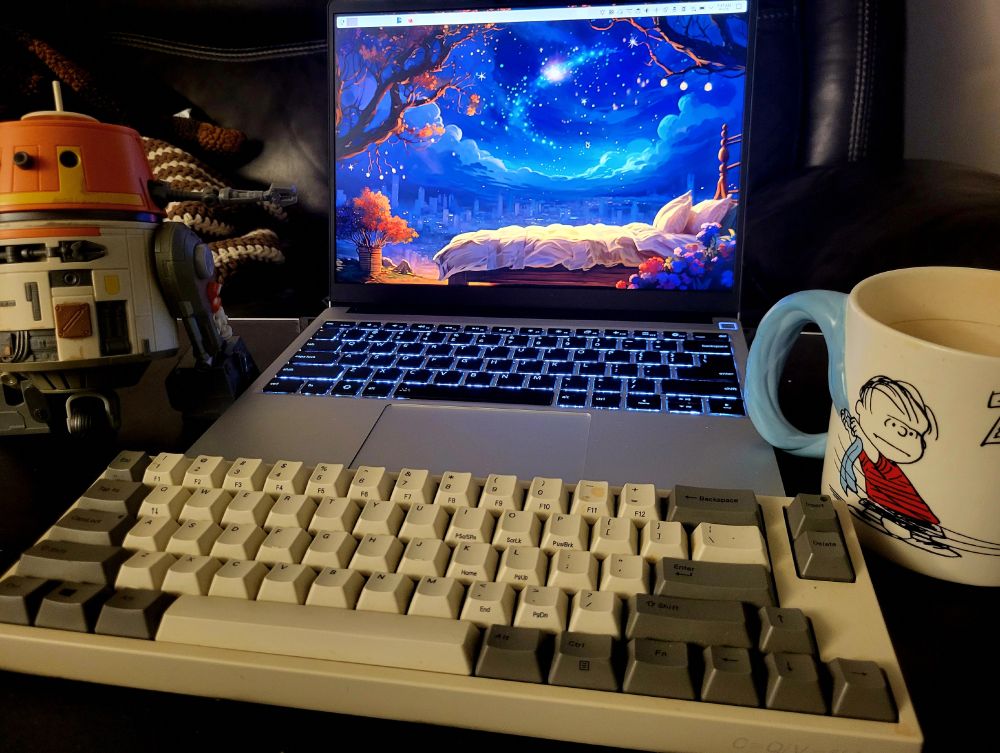My 2 weeks-old framework 13 DIY edition, spec'd to my preferences, which took barely ten minutes to DIY, sitting in its usual place, surrounded by my Chopper, my Linus mug, and my favorite keyboard. (Though the keyboard on the Framework is also quite nice, I'm just very particular about my keyboard, and the one shown is the only one I willingly use most of the time.)