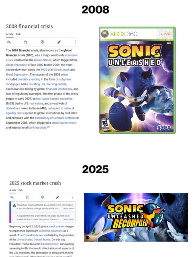 2008: The 2008 financial crisis and Sonic Unleashed for the Xbox 360
2025: The 2025 US stock market crash and Unleashed Recompiled for PC