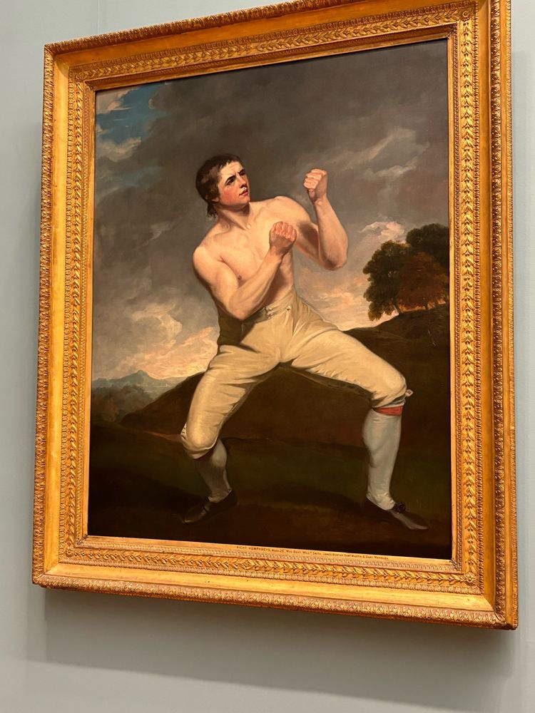 Painting of a shirtless young man squaring up