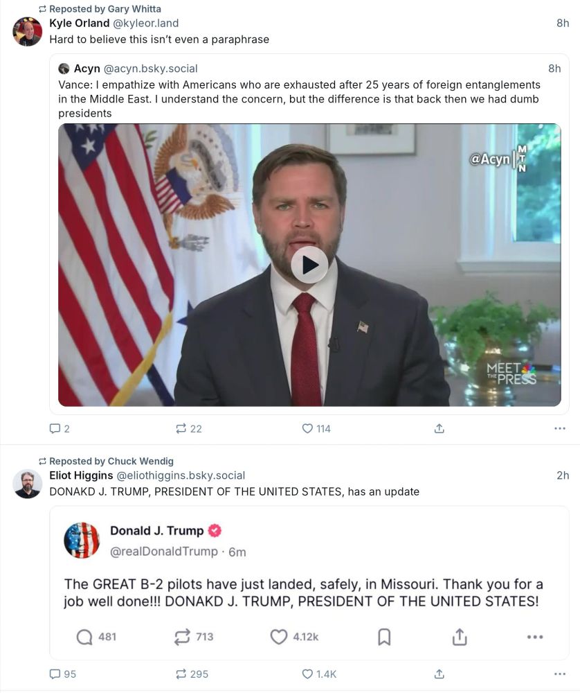 Two posts in a row. The first quotes JD Vance as saying in the past "we had dumb presidents". The next post quotes Trump who misspelled his own damn name as Donakd J Trump with a k i stead of an l in his first name.