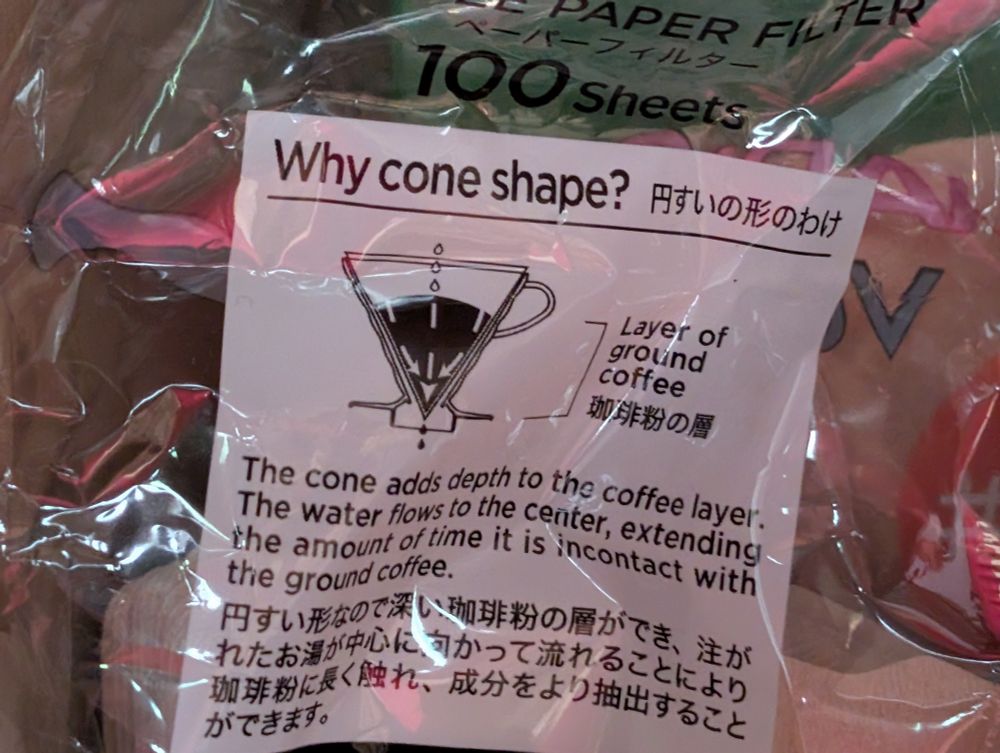 A package of coffee filters explaining their shape, with the words "Why cone shape?"