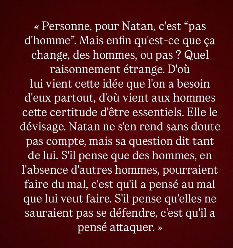 Personne, 
pour Natan, c’est «pas d’homme». Mais enfin 
qu’est-ce que ça change, des hommes, ou pas ? 
Quel raisonnement étrange. D’où lui vient cette 
idée que l’on a besoin d’eux partout, d’où vient 
aux hommes cette certitude d’être essentiels.
Elle le dévisage. Natan ne s’en rend sans doute pas 
compte, mais sa question dit tant de lui. S’il pense 
que des hommes, en l’absence d’autres hommes, 
pourraient faire du mal, c’est qu’il a pensé au mal 
que lui veut faire. S’il pense qu’elles ne sauraient pas 
se défendre, c’est qu’il a pensé attaquer. 