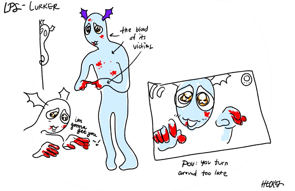 Concept art of a blue, humanoid creature. It has yellow bat wings coming out of its head, and big pleading eyes. It has spatters of blood on its chest and hands