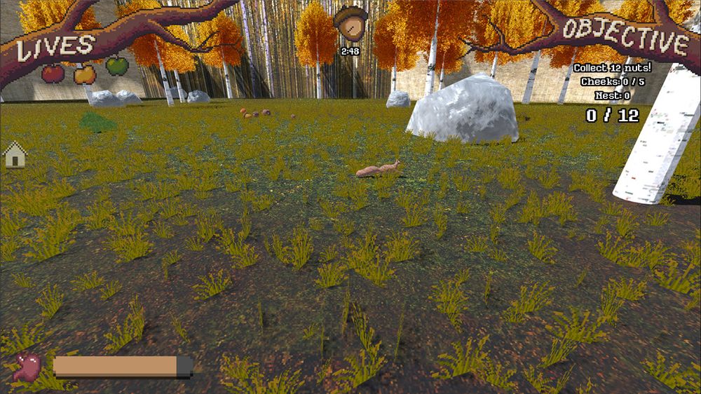 A screenshot of the game. A 3D environment with pixel art UI that looks like branches. A squirrel is running around in the grass, and the colors evoke fall.