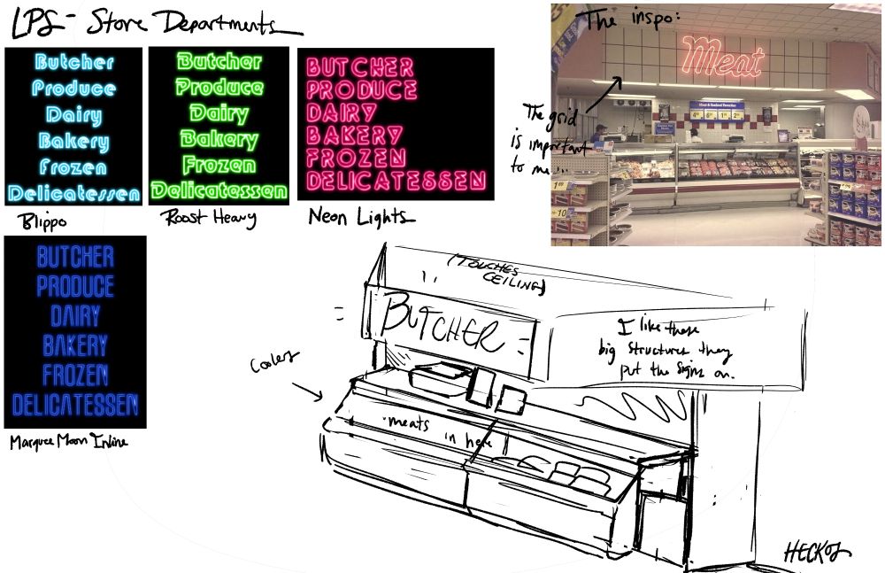 Sketch of a retro style butcher counter as well as several font options for neon signs to show the department such as butcher, produce, dairy, bakery, frozen, and delicatessen.