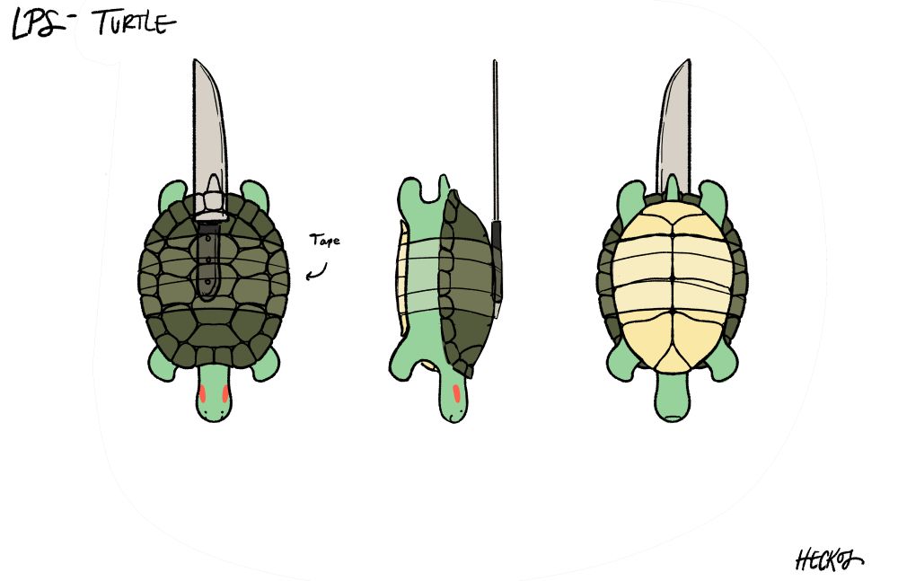 Concept art. Turnaround of a turtle with a kitchen knife taped to its back