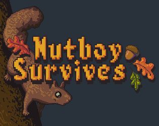 Text: Nutboy Survives Image: Pixel art. The text is overlaid on a pixel art squirrel that's perched on the trunk of a tree. Decorative leaves and an acorn surround the title.