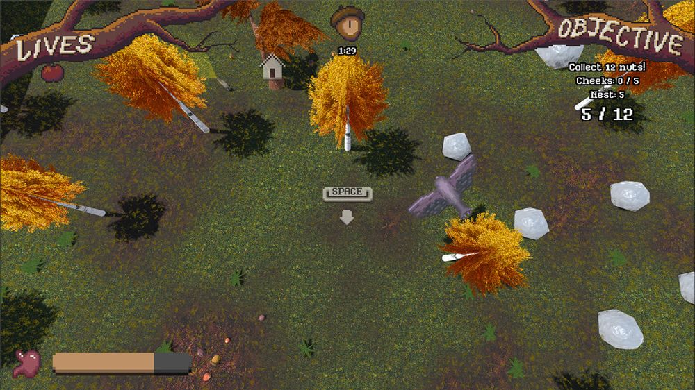 Another screenshot of the game, taken from a higher vantage point. The squirrel is up a tree.