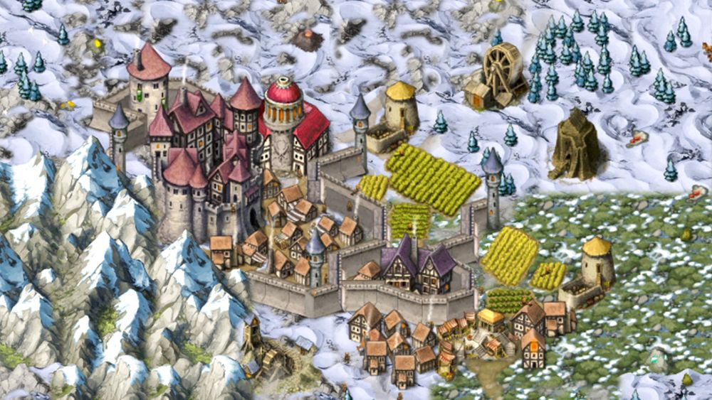 A screenshot of the video game homewind. It showcases a fantasy city, the main citadel is walled off and close to the coast. The sea is to the left. To the right, past the city walls, are a myriad of small houses.