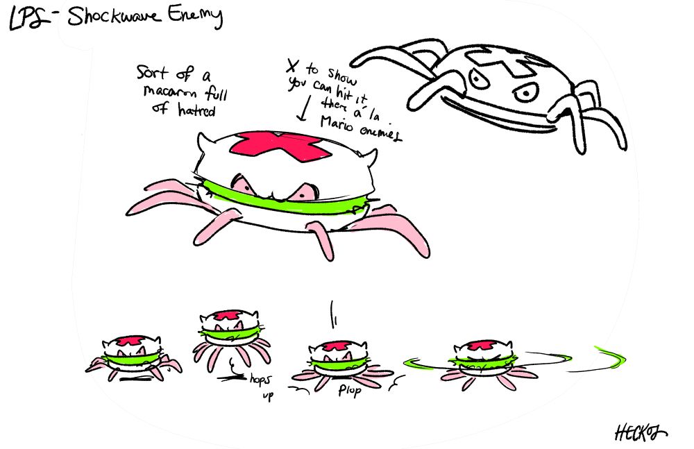 Concept art of a white macaron-shaped enemy. It has six pink buglike legs, a hot pink X on the top, angry eyes, and a bright green middle section that glows with some kind of energy. A series of drawings show it jumping and landing before emitting a green pulse