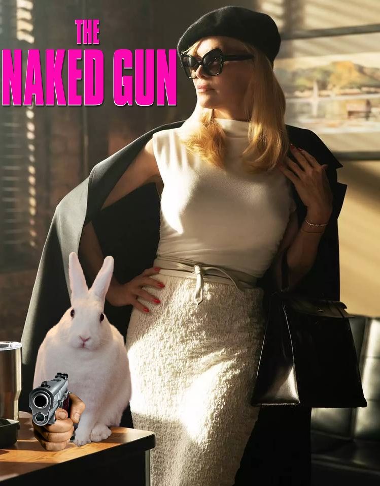 Publicty image of Oameka Anderson for the 2025 The Naked Gun movie. Franky Sinatra, a white rabbit, is pasted onto the desk in front of Pamela and has a bug human hand holding a gun at the viewer, trying to mimic the franchise posters.