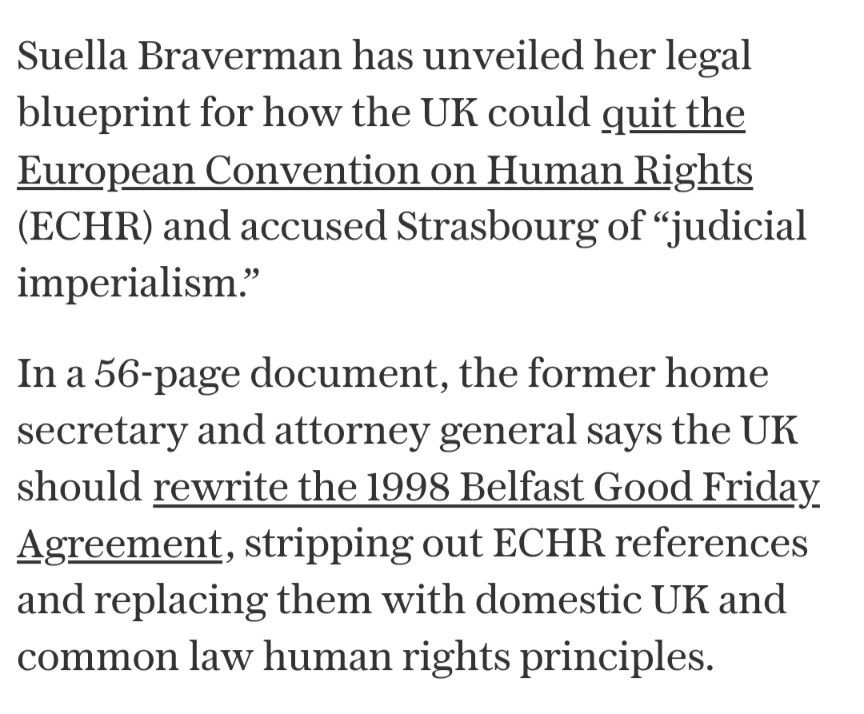 Suella Braverman has unveiled her legal blueprint for how the UK could quit the European Convention on Human Rights
(ECHR) and accused Strasbourg of "judicial imperialism."
In a 56-page document, the former home secretary and attorney general says the UK should rewrite the 1998 Belfast Good Friday Agreement, stripping out ECHR references and replacing them with domestic UK and common law human rights principles.