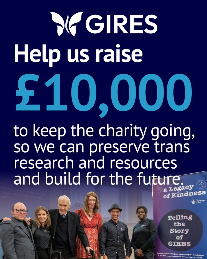 GIRES UK Logo - Help us raise £10,000 to keep the charity going, so we can preserve trans research and resources and build for the future. Image of GIRES UK team next to a pop up banner 'Telling the story of GIRES'.