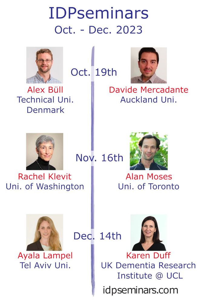 Speakers for season 14 of IDPSeminars are
Oct 19th: Alex Büll and Davide Mercadante
Nov 16th: Rachel Klevit and Alan Moses
Dec 14th: Ayala Lampel and Karen Duff