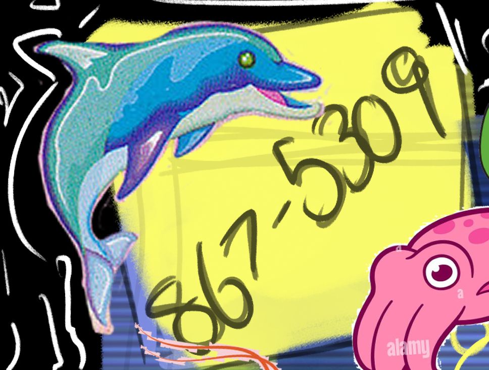 A very zoomed in sketch of a drawing, showing a post it note with a phone number and various marine animal stickers