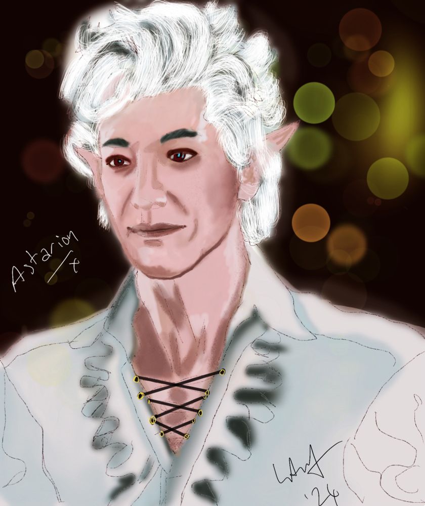 image shows an interpretation of a character from Baldur's Gate 3 called Astarion, he is a pale skinned vampire with white hair and deep red eyes