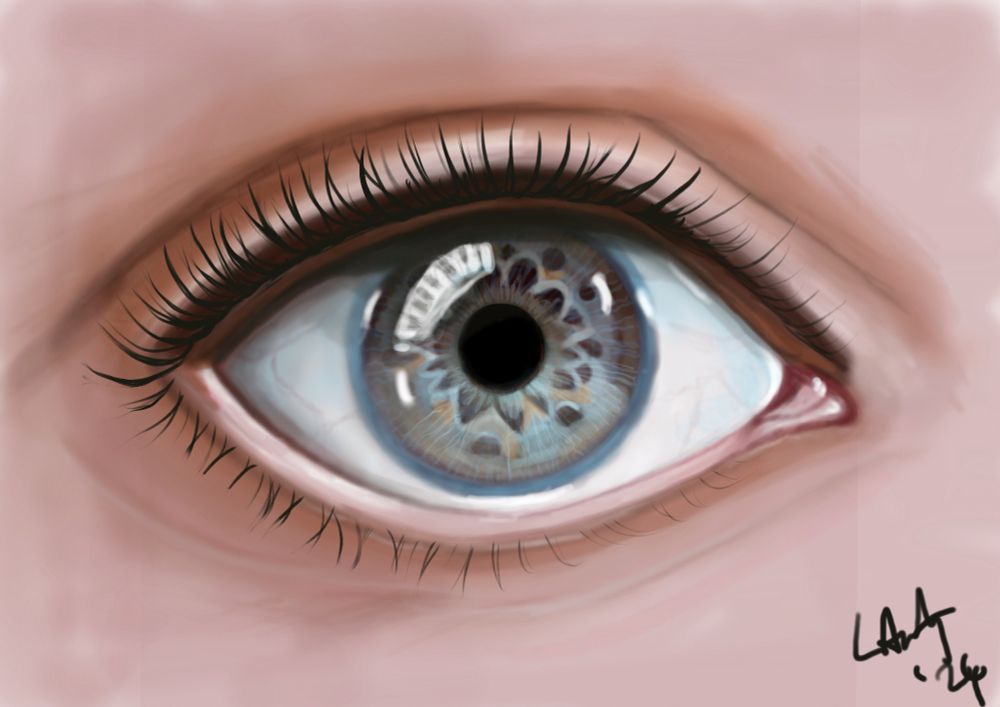image shows a digital drawing of a pale blue eye in close up, there is a signature on the bottom right hand side