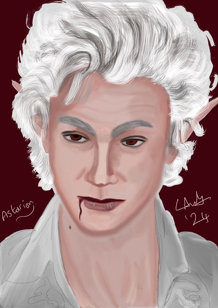 image shows an interpretation of a character from Baldur's Gate 3 called Astarion, he is a pale skinned vampire with white hair and deep red eyes.