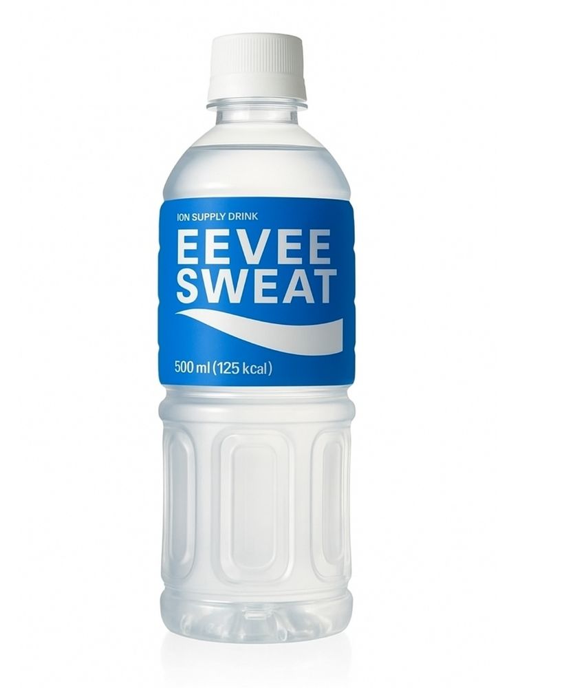 A 500ml clear plastic bottle with a white cap and a bold blue label reading “Eevee Sweat” in white text, styled as a playful parody of the Japanese sports drink “Pocari Sweat.” The label includes “Ion Supply Drink” and “500 ml (125 kcal)” with a swooping white wave design, mimicking the original branding. The bottle is set against a plain white background. 