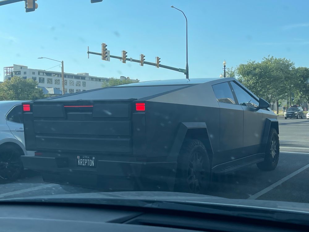 An ugly ass Cybertruck with the license plate KRIPTON