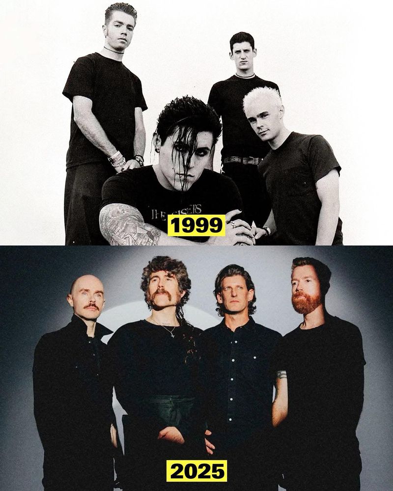 An image showing the members of the band AFI in 1999 and in 2025