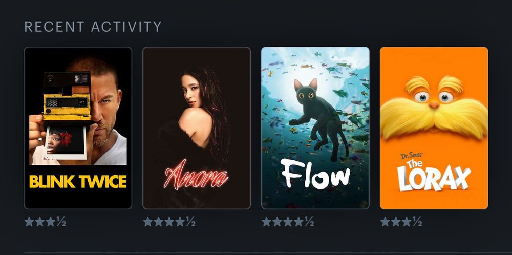 Photo states “Recent Activity” and shows movie posters for Blink Twice (three and a half stars), Anora (four and a half stars), Flow (four and a half stars), and The Lorax (three and a half stars)