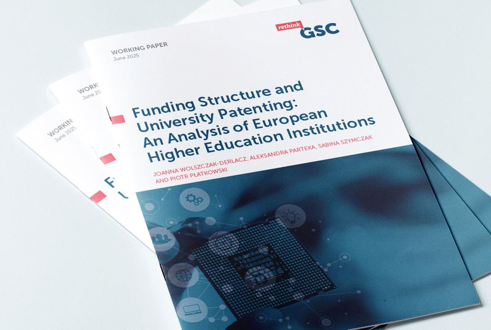 The cover of the working paper 'Funding Structure and University Patenting: An Analysis of European Higher Education Institutions' in RETHINK-GSC's design, featuring the organisation's logo and a stock image of a man holding a microchip.