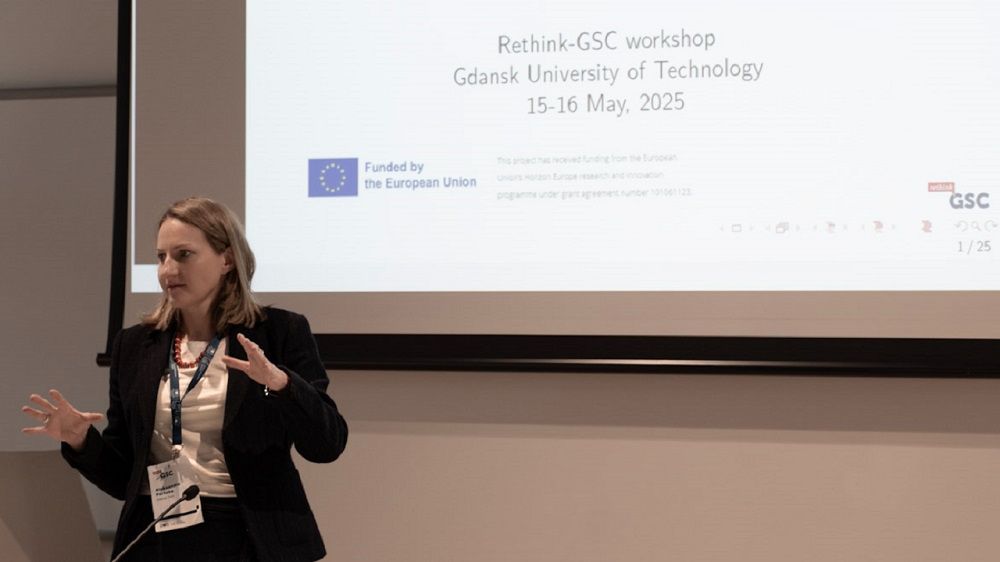 RETHINK-GSC researcher Aleksandra Parteka, who is a professor of economics at the Gdańsk University of Technology and the host of the workshop, is gesturing while presenting her research on funding structures and university patenting.