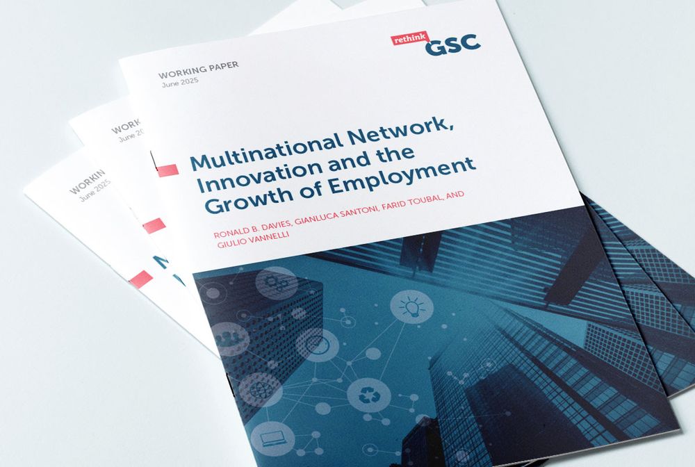Cover of the publication “Multinational Network, Innovation and the Growth of Employment,” featuring a skyscraper image and designed in the RETHINK-GSC visual style.