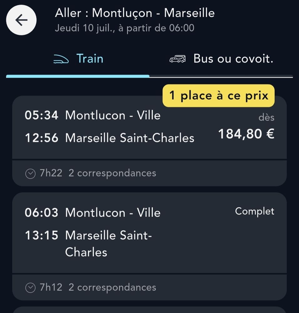 Les tarifs de la SNCF, un exemple de la débilité du prix dynamique.
184,8€ pour faire Montluçon à Marseille.