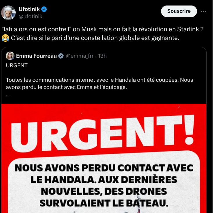 Un message twitter d'un influenceur d'extréme droite, il se permet une remarque sur la bateau parti pour essayer de détruire le blocus autour de gaza.