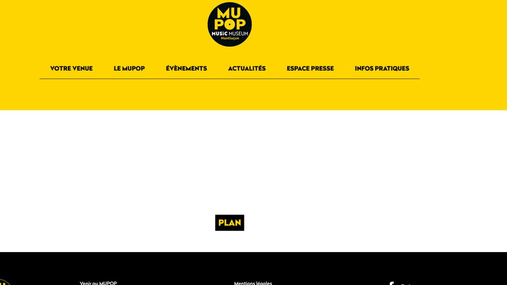 La page "plan" du site web du musée des musiques populaires de Montluçon. Celle-ci est vide.

Dominante Jaune et Blanche avec un menu et une image de batterie au milieu.