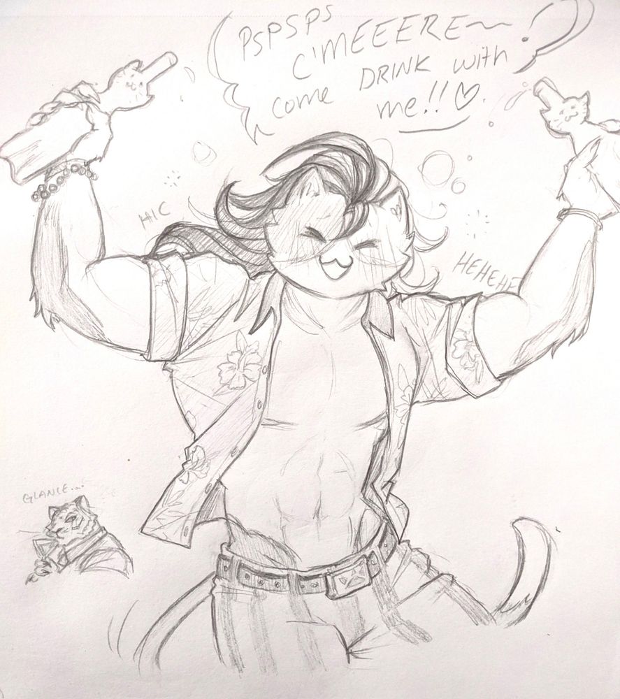 Drunk Purradise Meowscles holding two bottles of cat riesling saying, "Pspsps c'meeere~! Come drink with me!! ❤️"  And a teeny Oscar in the background glancing over and sipping a martini