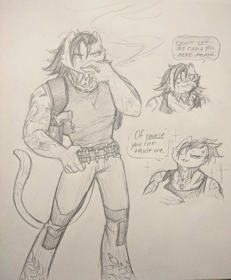 Left: Meowdas smoking a blunt in that new criminal Midas outfit 😏 
Top right: Unhinged Meowdas with blood on his face saying, "Don't let me catch you here again."
Lower right: Meowdas with his hair in a ponytail and a charming smile saying, "Of course you can trust me." 