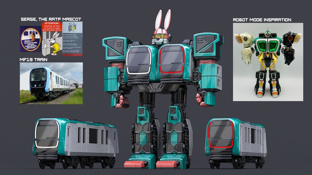 Reference for the project. Top left, the original Serge mascott. MF19 photo. Top right reference, Gaomuscle robot toy. Front and rear views of 3DCG render of the next gen parisian metro. With more details in paneling than the original to make it more scifi. In the middle, render of the robot mode.