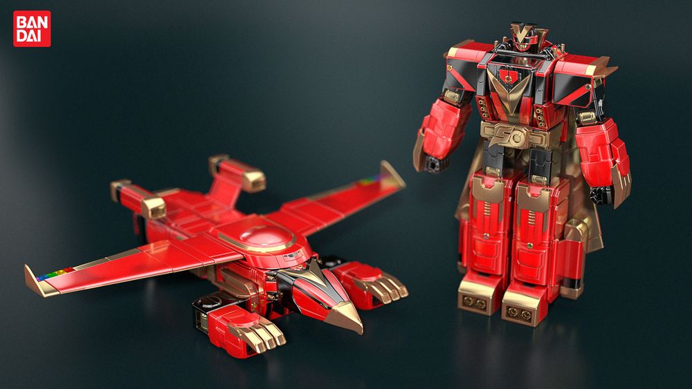 3D CG render of Gozyûdorin toy. Bandai logo in top left corner. To the left, the jet mode and to the right, the robot mode.