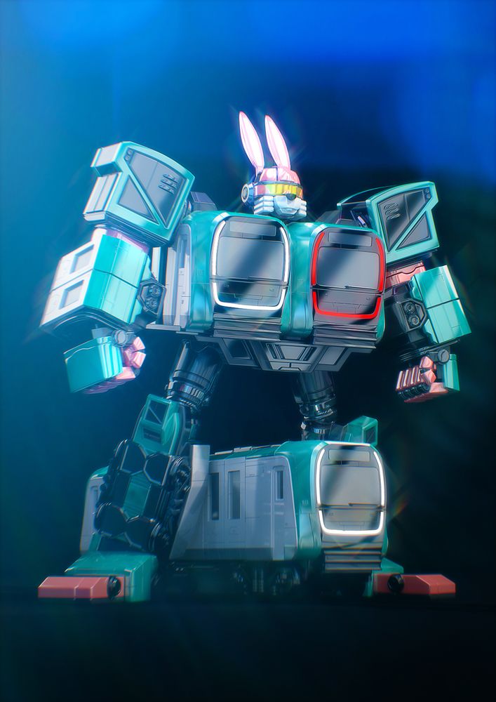 MegaSerge, robot train with a head of a rabbit like the RATP mascot. He has a metro between the legs.
