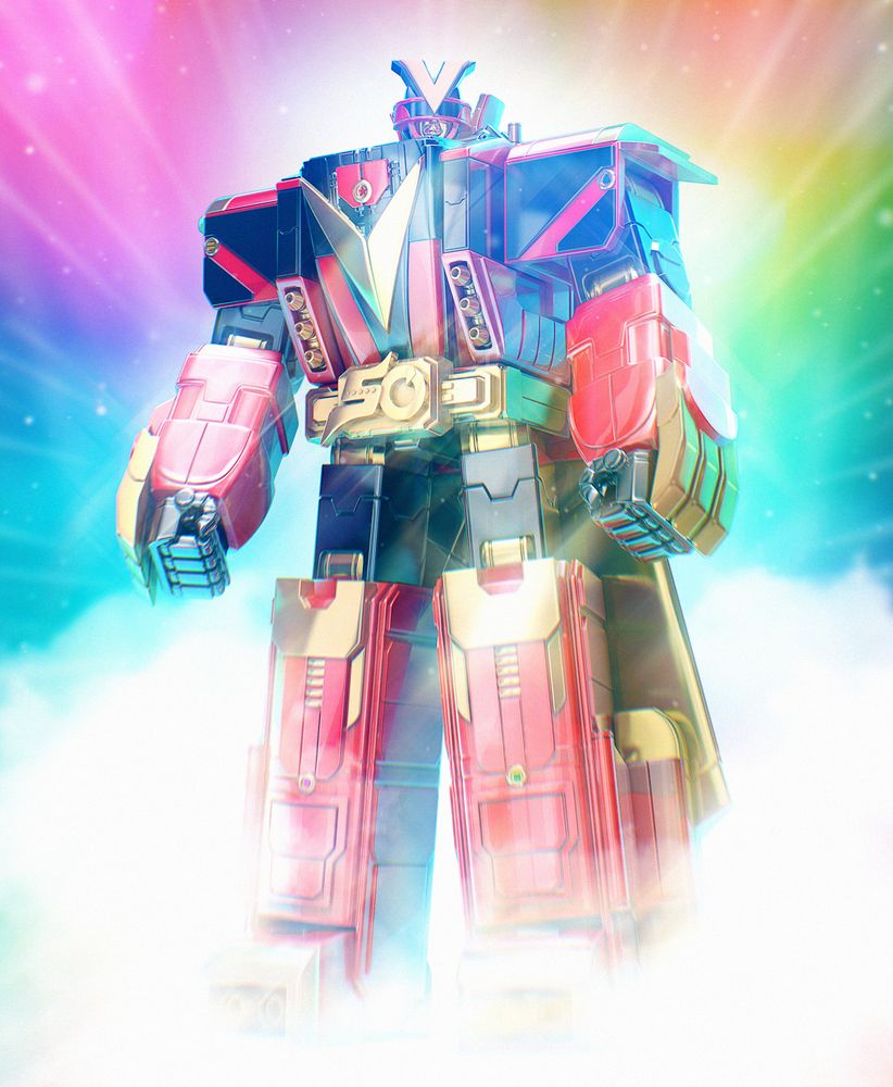 3D CG illustration of Gozyûdorin robot mode. A big blocky red and gold robot. His belt is the logo of the 50th anniversary of the franchise. The background is rainbow colored with clouds.