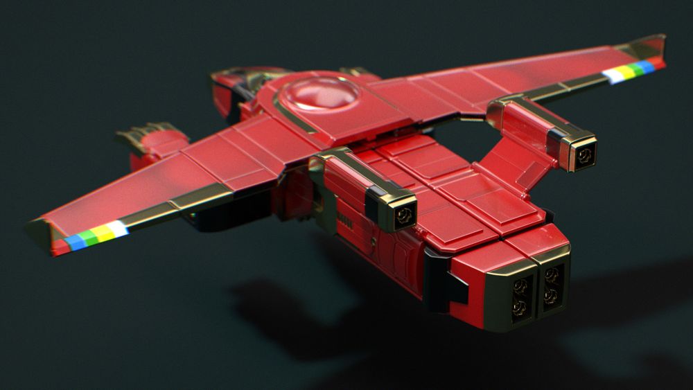 3/4 rear view of a 3D render of the work in progress of a red and gold ship with a falcon/hawk like shape.