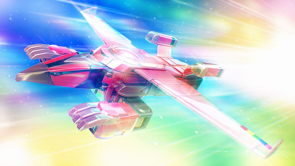 3D CG illustration of Gozyûdorin jet mode. A red and gold ship with a falcon/hawk like shape. He fly through a rainbow space wormhole.