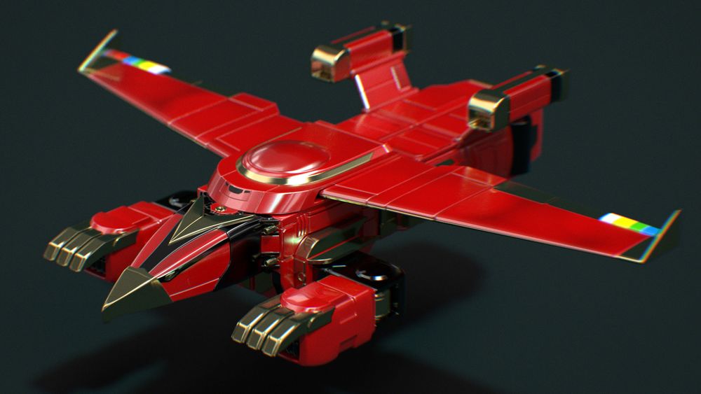 3/4 front view of a 3D render of the work in progress of a red and gold ship with a falcon/hawk like shape.
