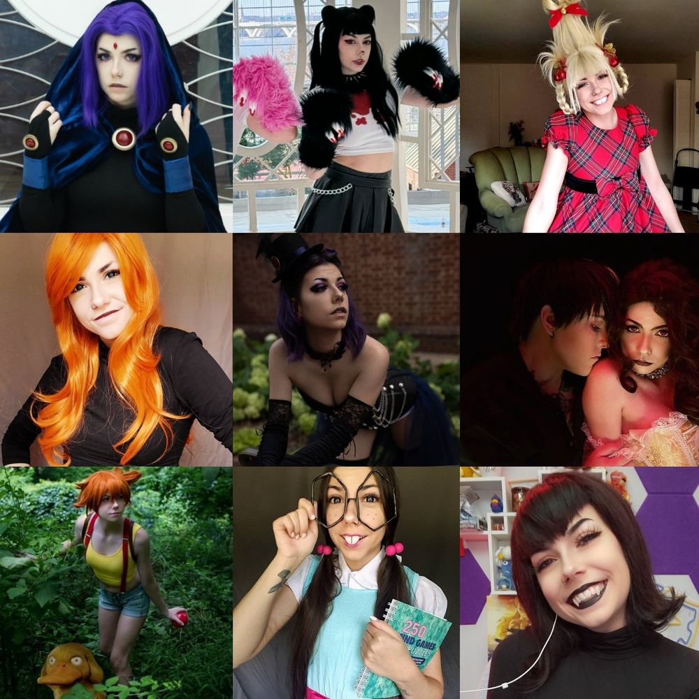 A collage of Cecilia's cosplays. The top row is Raven from Teen Titans, an original concept of a Gloomy Bear Girl by her friend itspeepohere, and Cindy Lou Who from The Grinch. The middle row is Kim Possible, Cecilia's original concept of Pin-Up Raven from Teen Titans, and Cecilia's original vampire character Genevieve Deveaux. The bottom row is Misty from Pokemon, Gretchen from Recess, and Mavis from Hotel Transylvania
