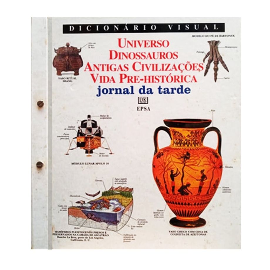 Capa branca de livro com o título: Dicionário Visual  Universo, Dinossauros, Antigas Civilizaçoes, Vida Pré Historica, Jornal da Tarde.

5 figuras estão espalhadas na capa: um vaso grego, um fossil, uma ilustraçao de bioma, uma sonda espacial e um artefato antigo.