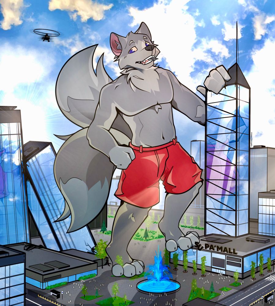 A grey-furred and two tailed macro wolf has knocked over one building behind him and is currently stepping on another. 